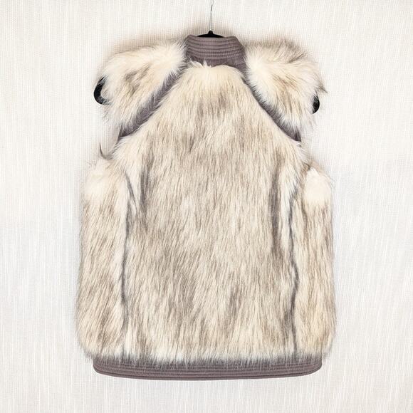 Rebecca Taylor Ivory/Gray Faux Fur Silk Boho Short Vest Coat Jacket, size S - Picture 2 of 6